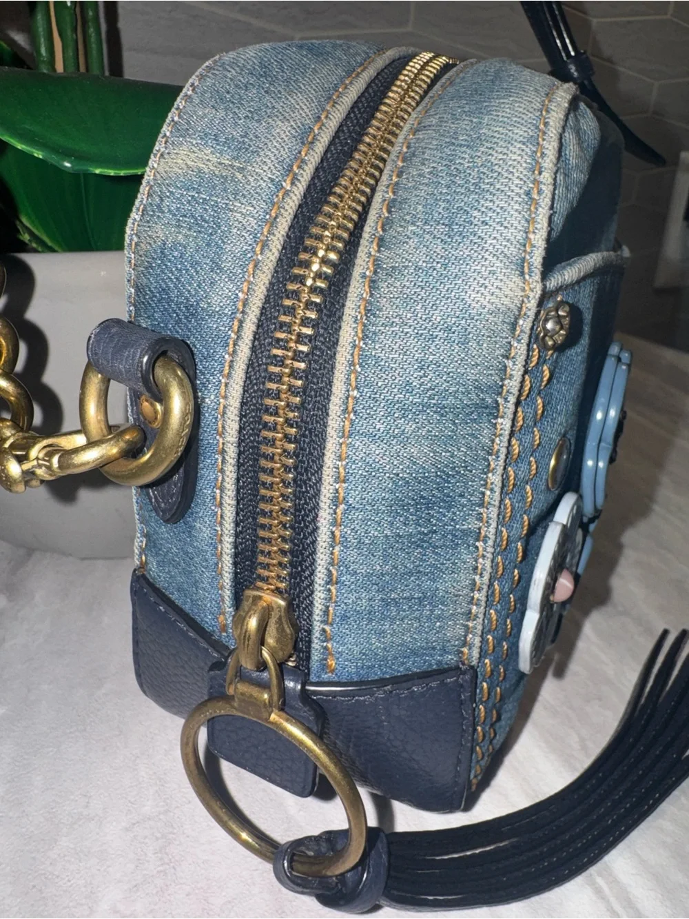 Coach RARE Denim Tea Rose Floral Appliqué Crossbody Bag in Distressed Blue